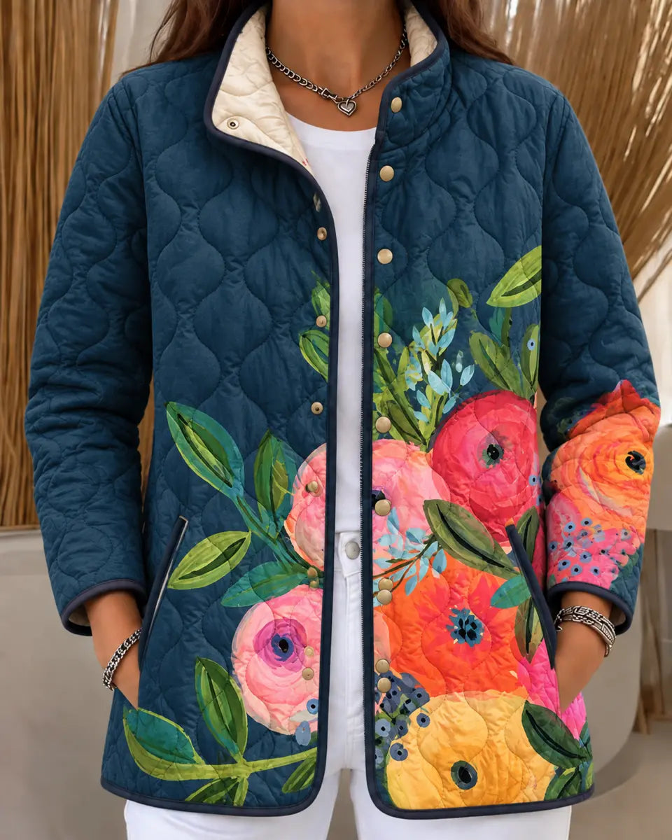 Giacca Trapuntata Blu con Fiori Dipinti