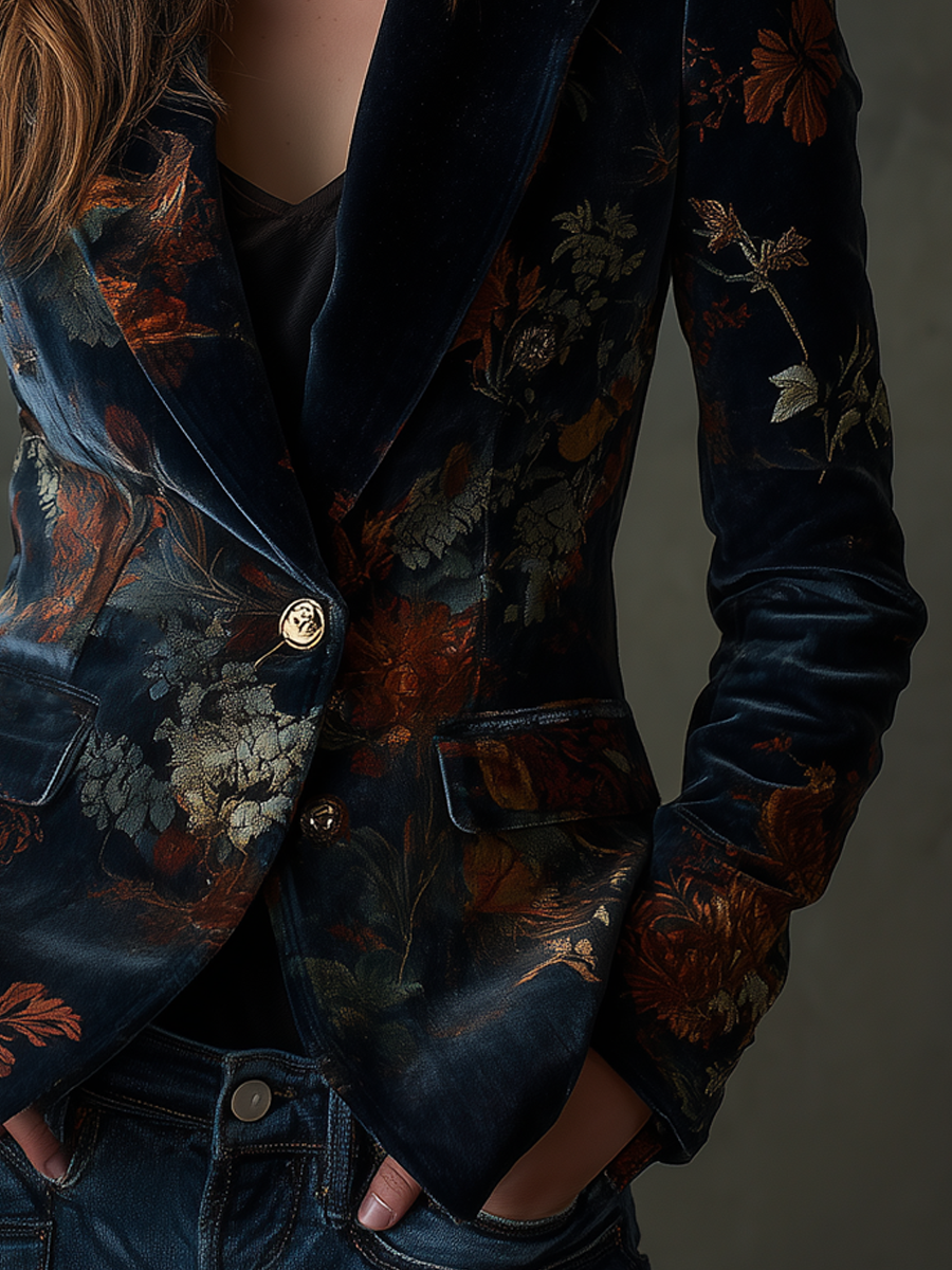 Blazer in velluto floreale con bottoni metallici