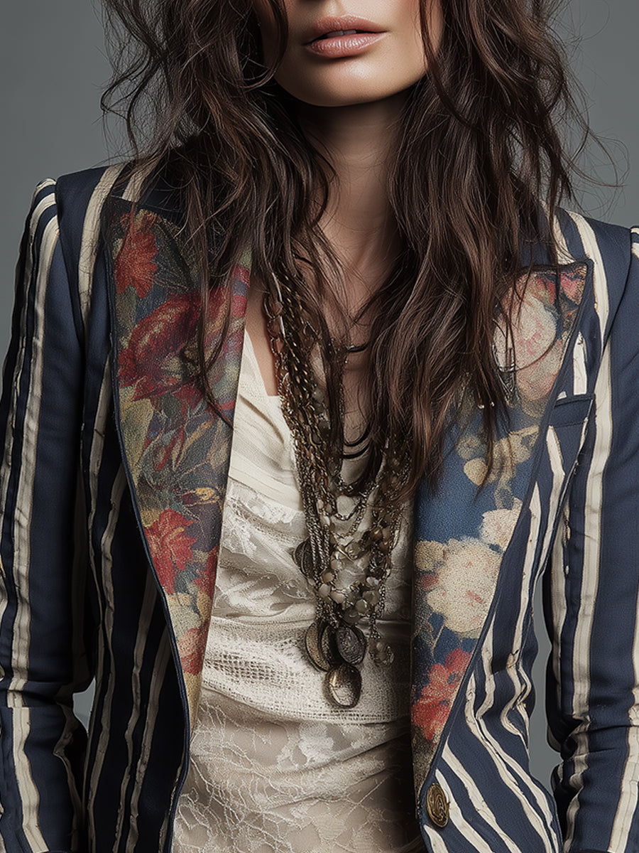 Blazer bohémien a righe e fiori