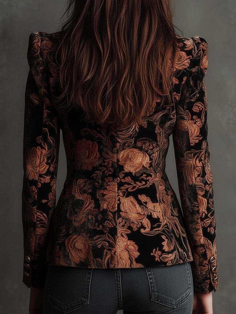 Blazer in velluto nero con fiori bronzo