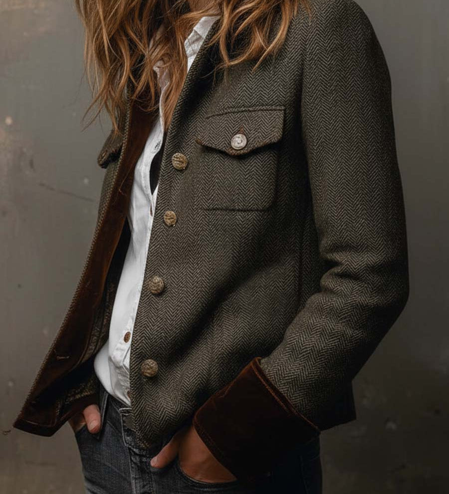 Blazer da Donna Vintage a Spina di Pesce con Bordi a Contrasto