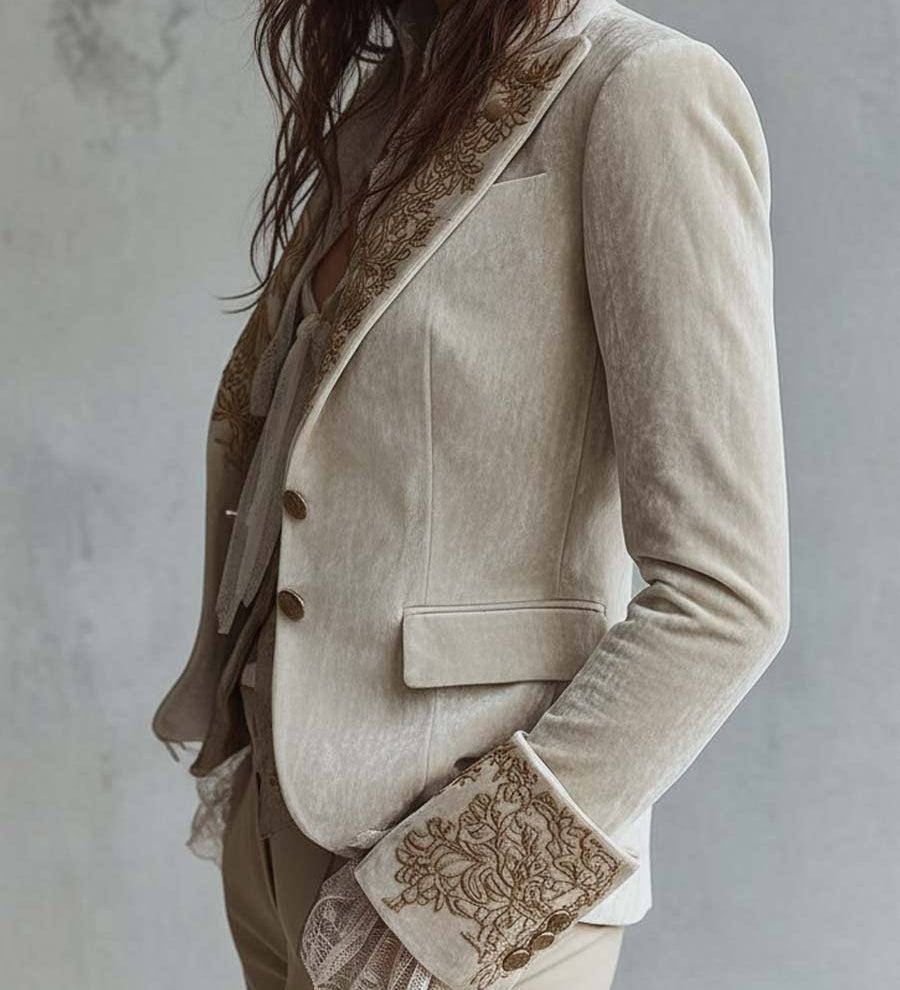 Blazer avorio con ricami e polsini in pizzo