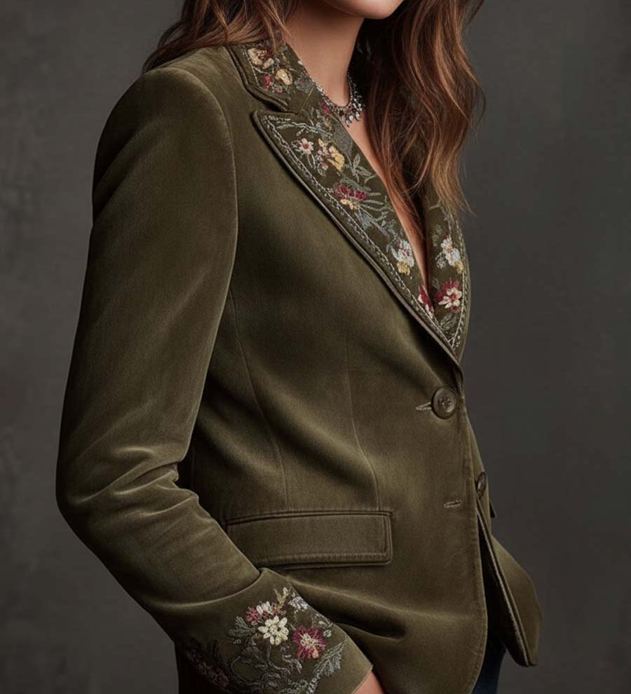 Blazer verde oliva in velluto ricamato