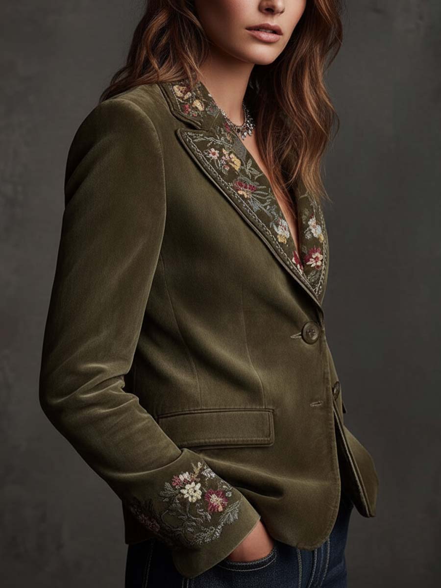 Blazer verde oliva in velluto ricamato