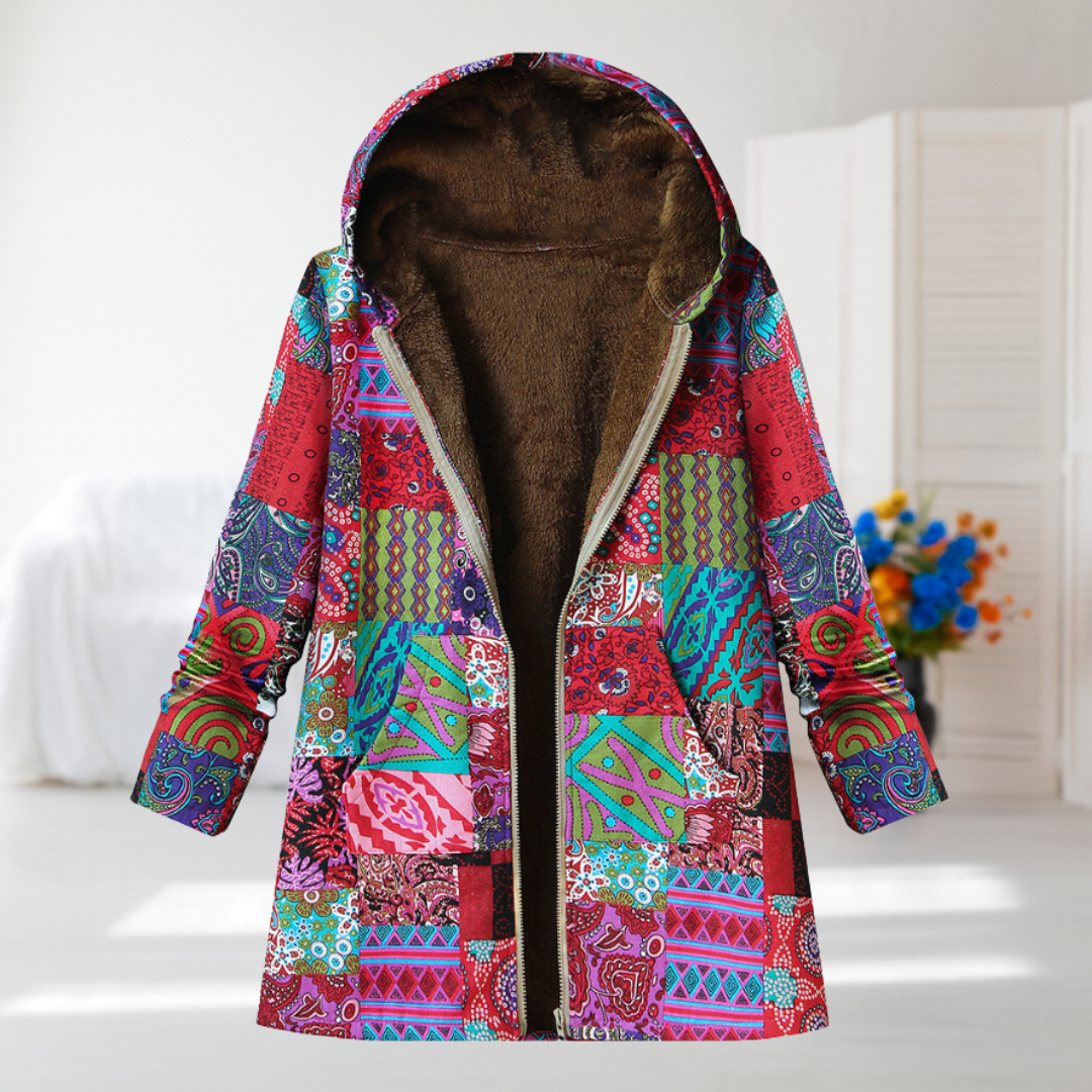 Giacca in pile patchwork rosa con cappuccio
