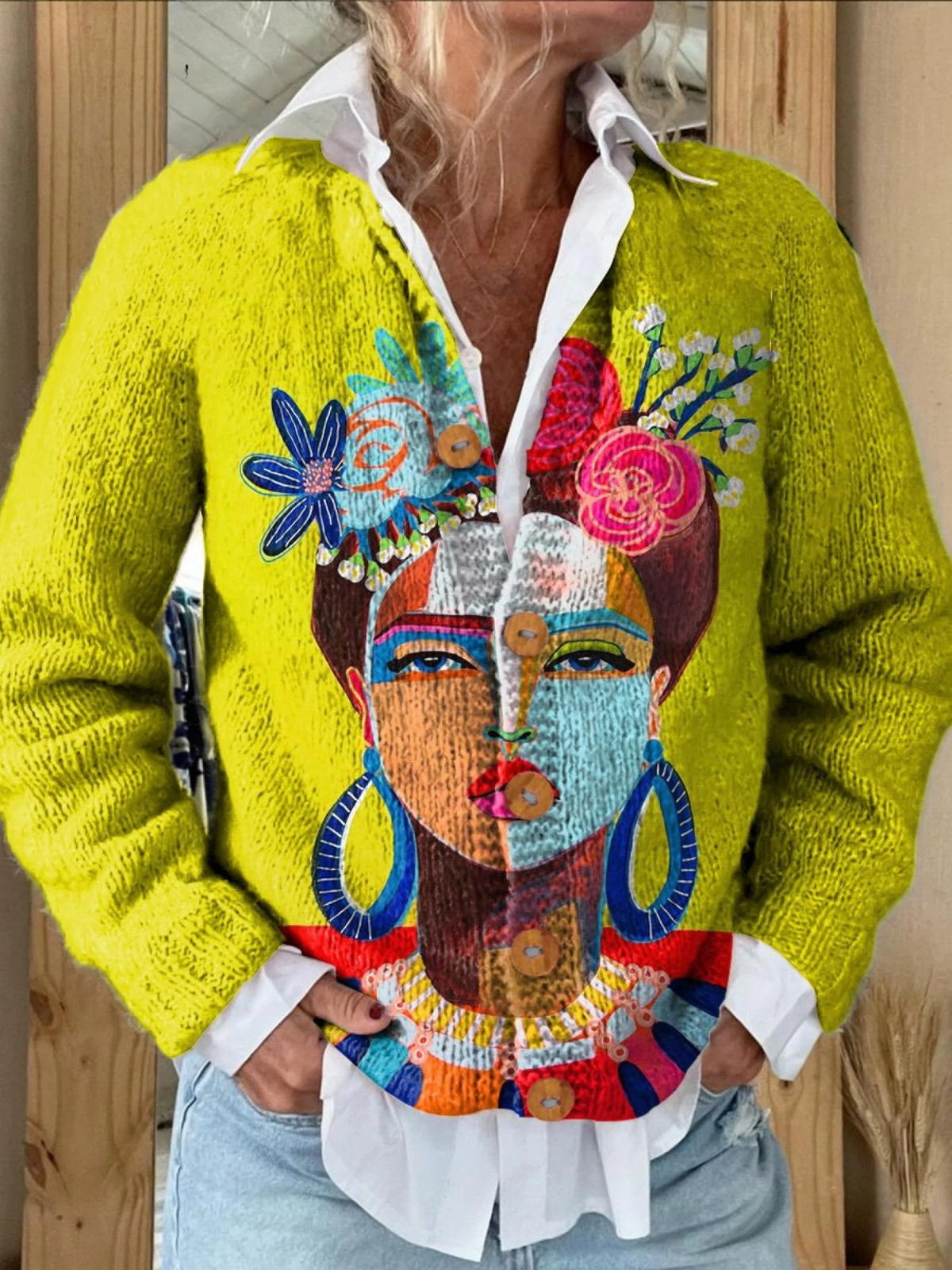 Solène | Cardigan in lana stampato ritratto Frida