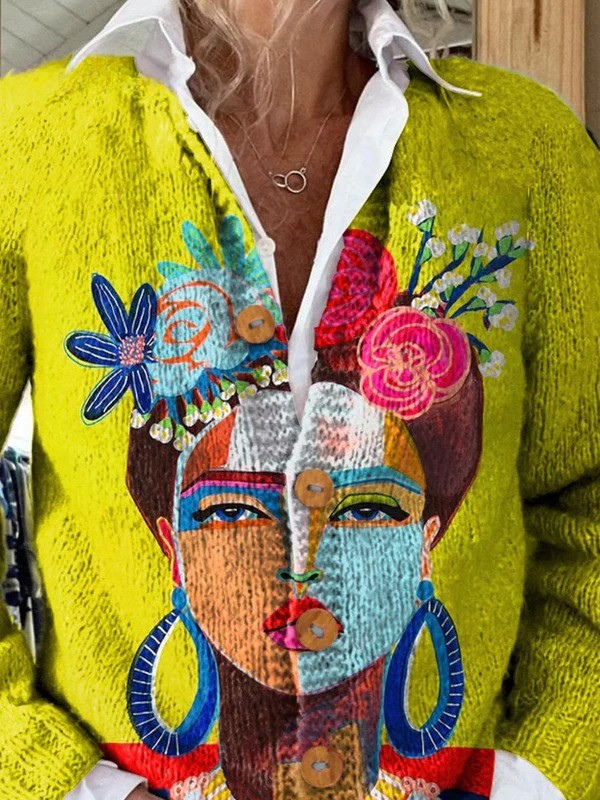 Solène | Cardigan in lana stampato ritratto Frida