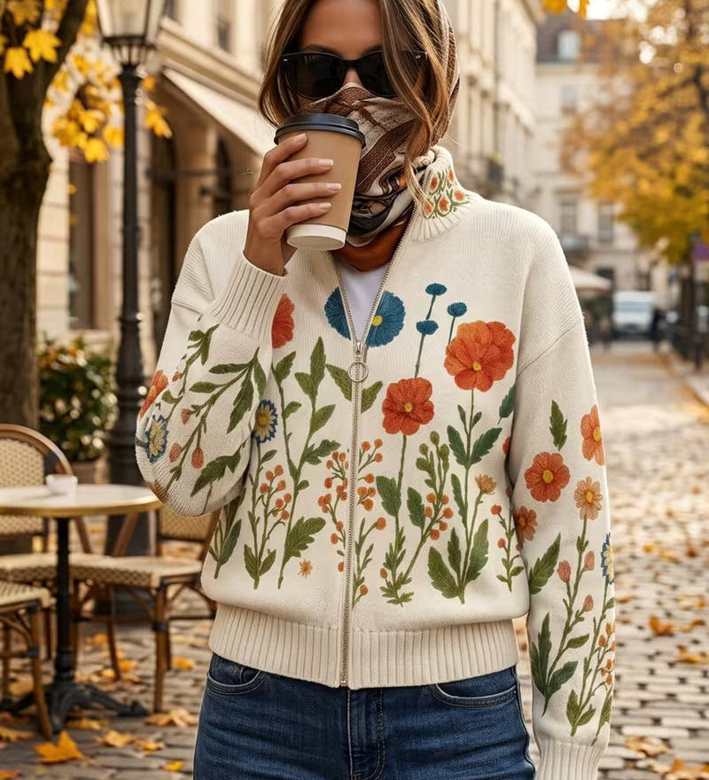 Cardigan con Zip e Fiori di Prato
