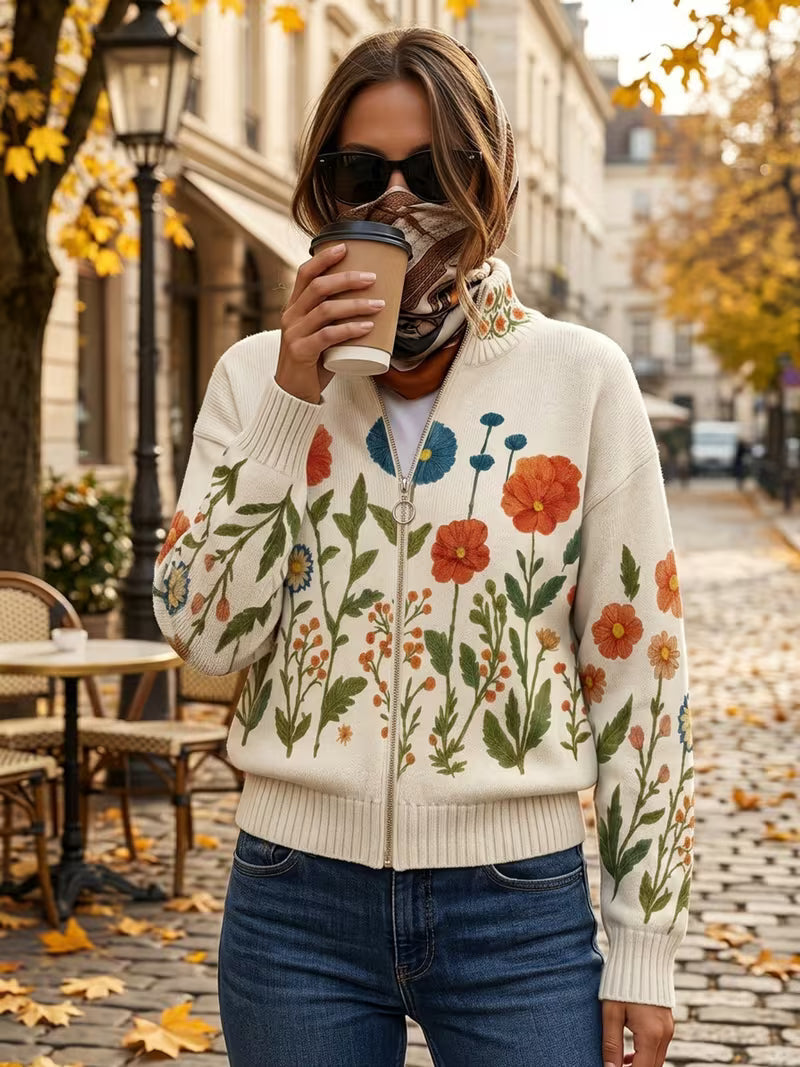 Cardigan con Zip e Fiori di Prato