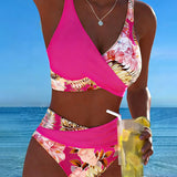 Bikini con stampa floreale a contrasto e spacco
