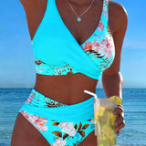 Bikini con stampa floreale a contrasto e spacco