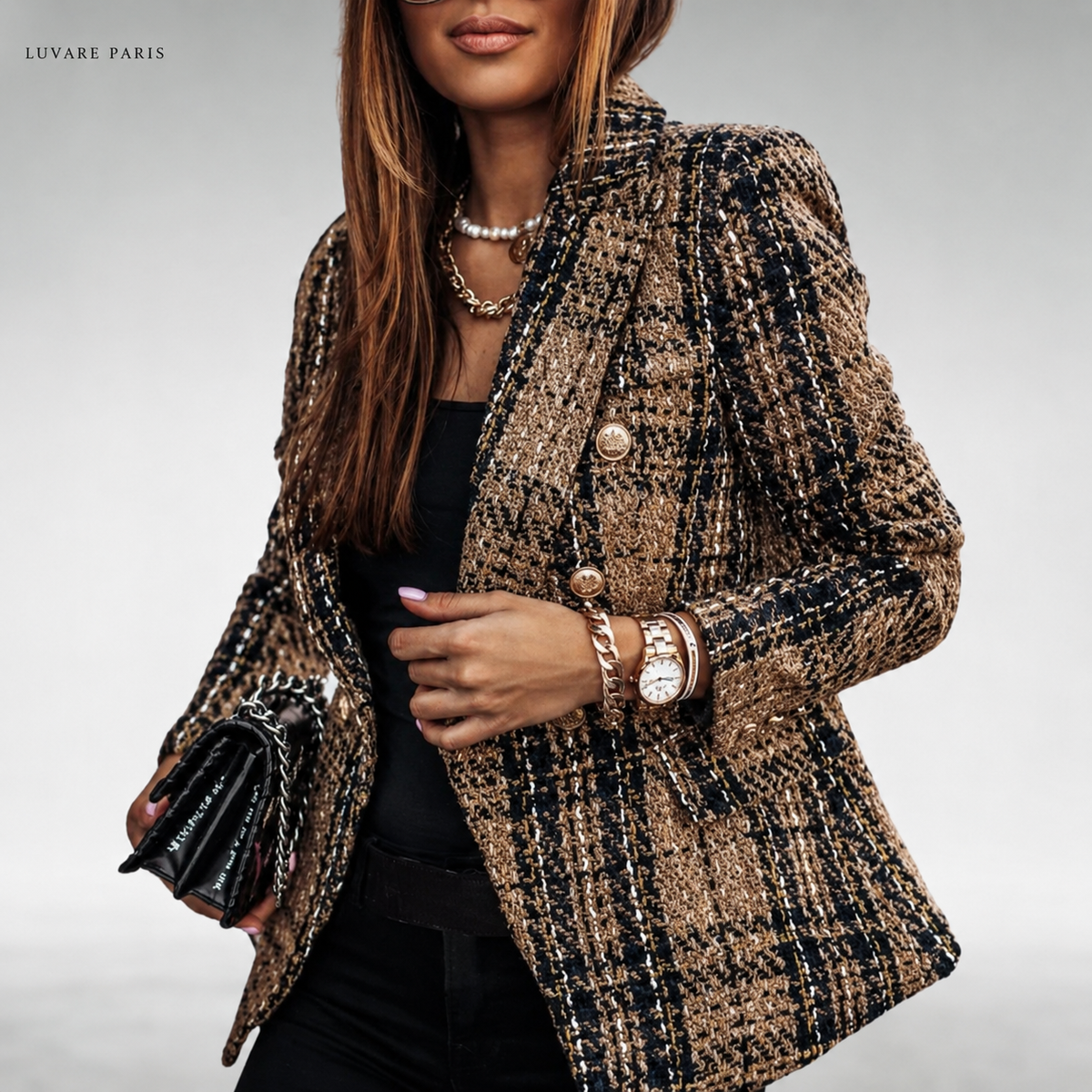Blazer a Quadri con Bottoni Decorativi
