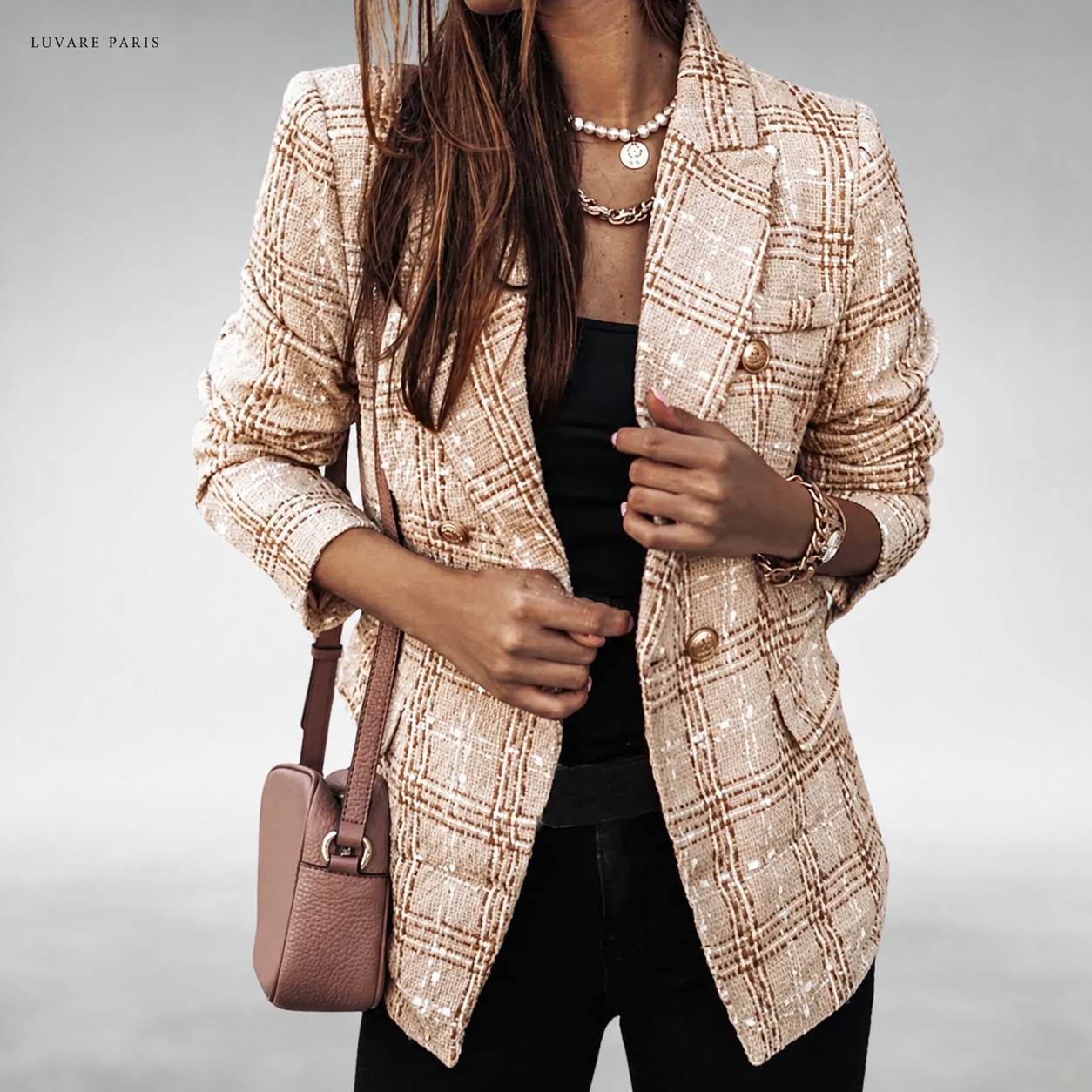 Blazer a Quadri con Bottoni Decorativi