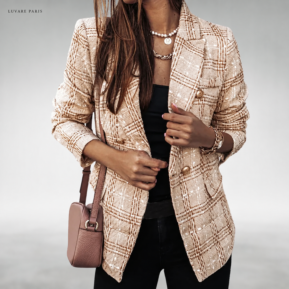 Blazer a Quadri con Bottoni Decorativi