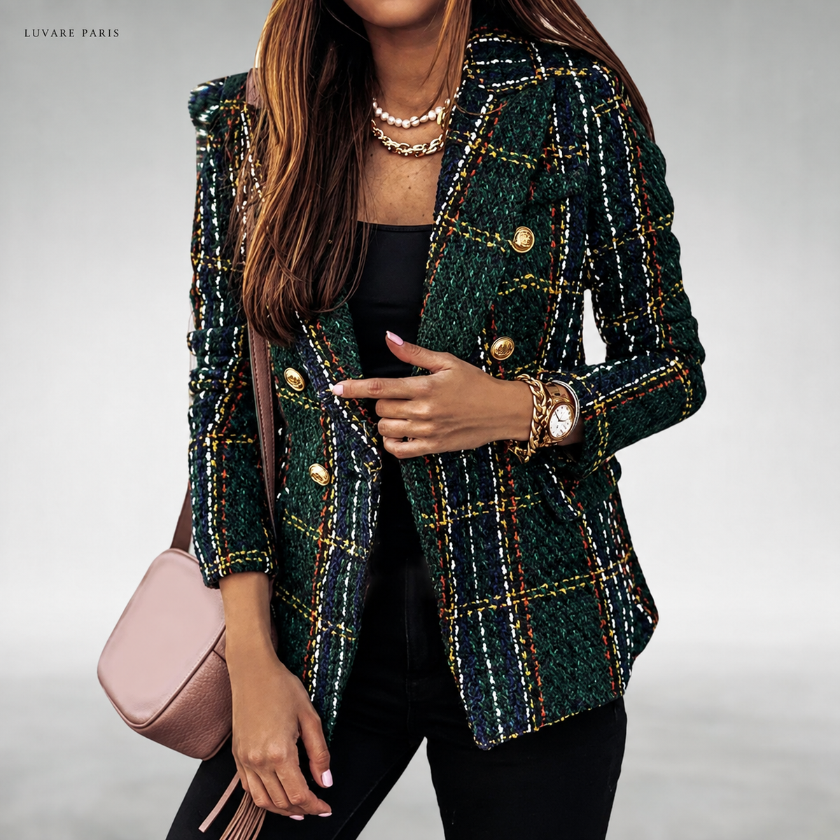 Blazer a Quadri con Bottoni Decorativi