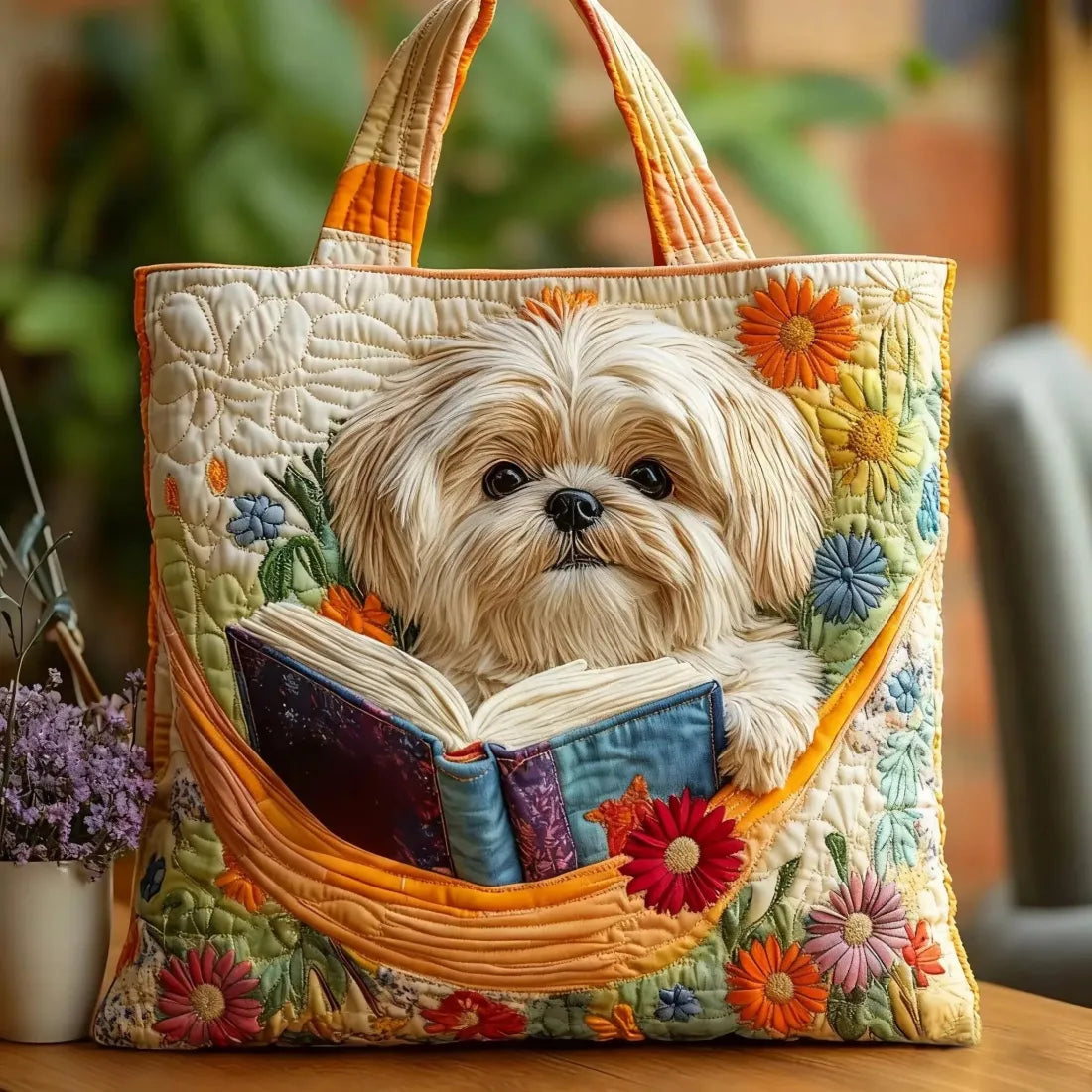 Borsa Shih Tzu Fatta a Mano con Libro e Fiori