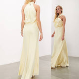 Ismira - Elegante abito lungo con scollo all'americana e ruches