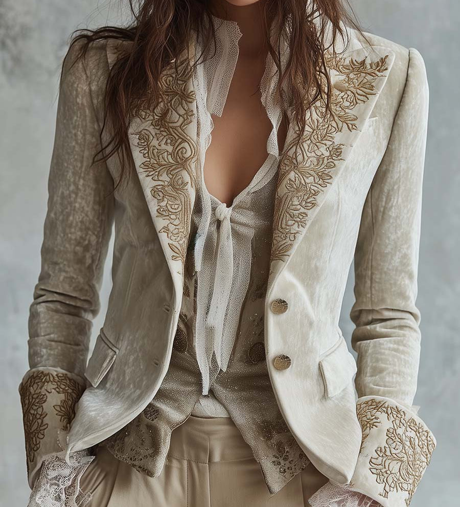 Blazer avorio con ricami e polsini in pizzo