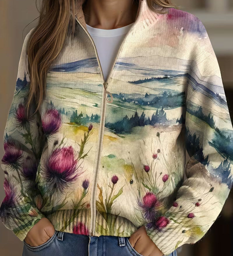 Cardigan con Zip e Paesaggio Floreale