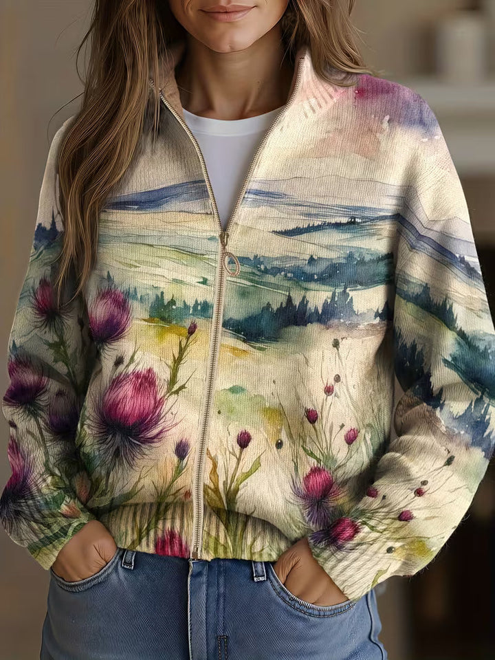 Allegra | Cardigan con Zip e Paesaggio Floreale