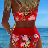 Bikini con stampa floreale a contrasto e spacco