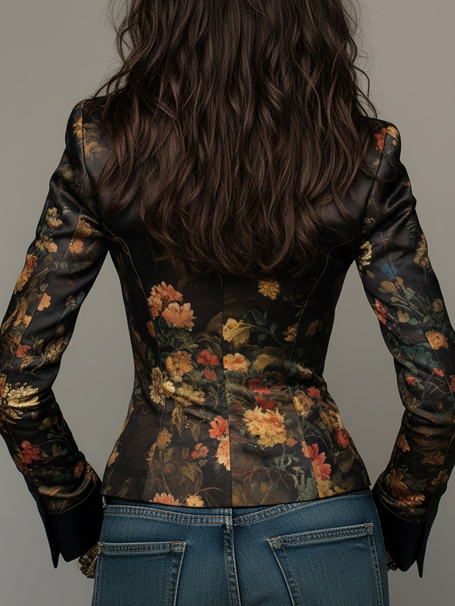Blazer in raso con stampa floreale pittorica