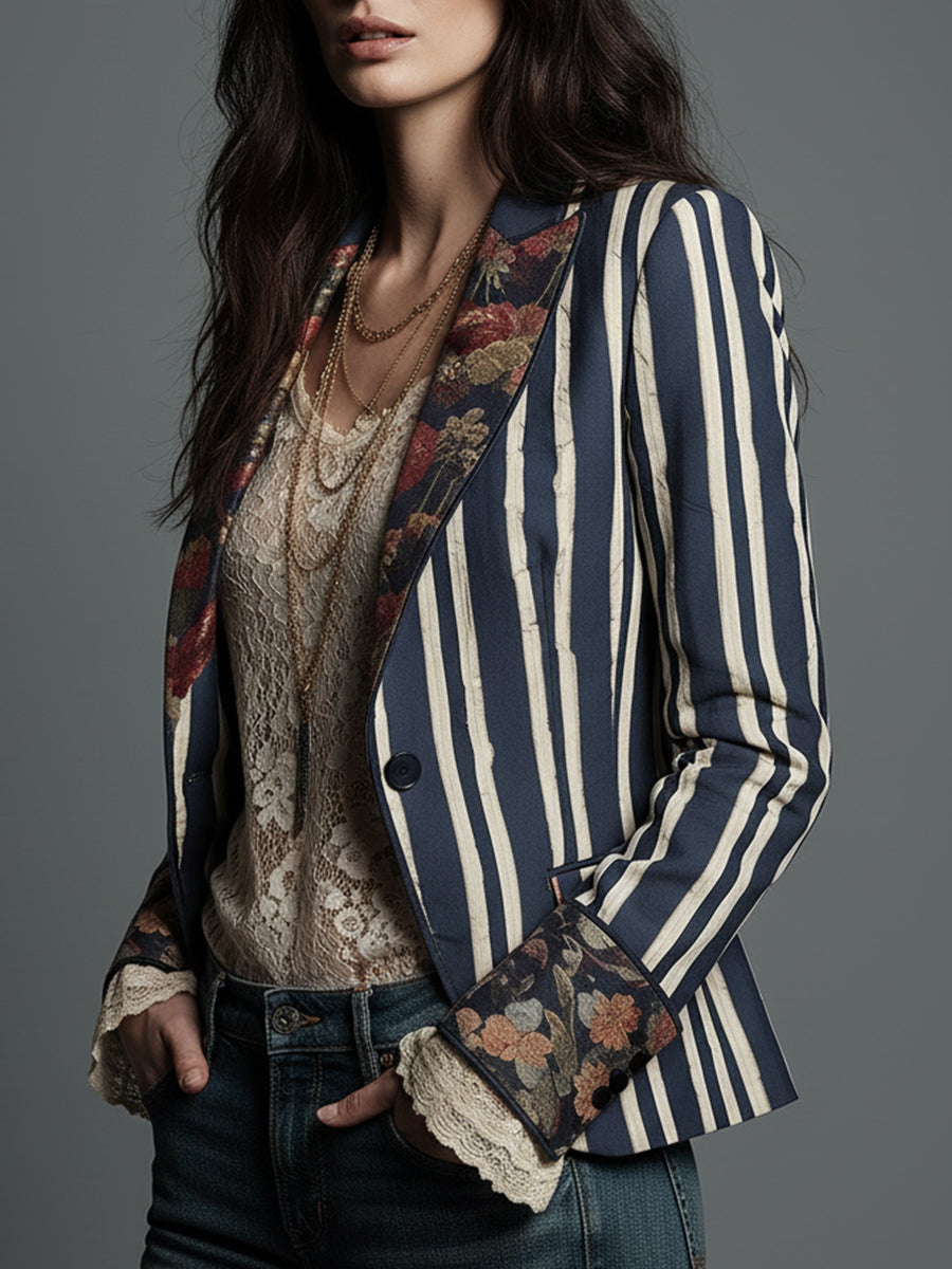 Blazer bohémien a righe e fiori