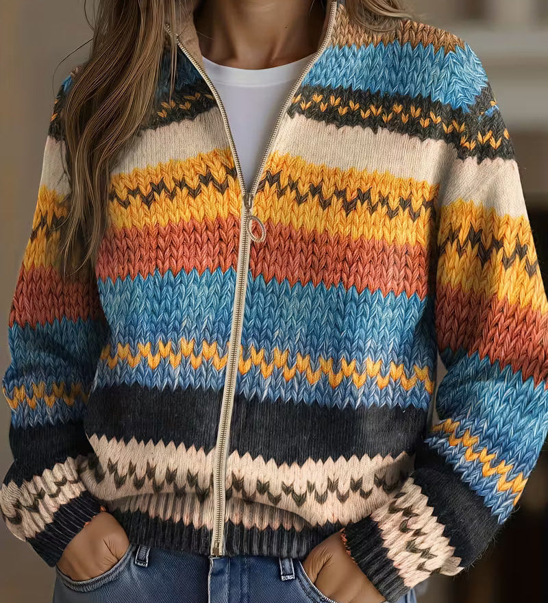 Cardigan con Zip e Righe a Zig Zag