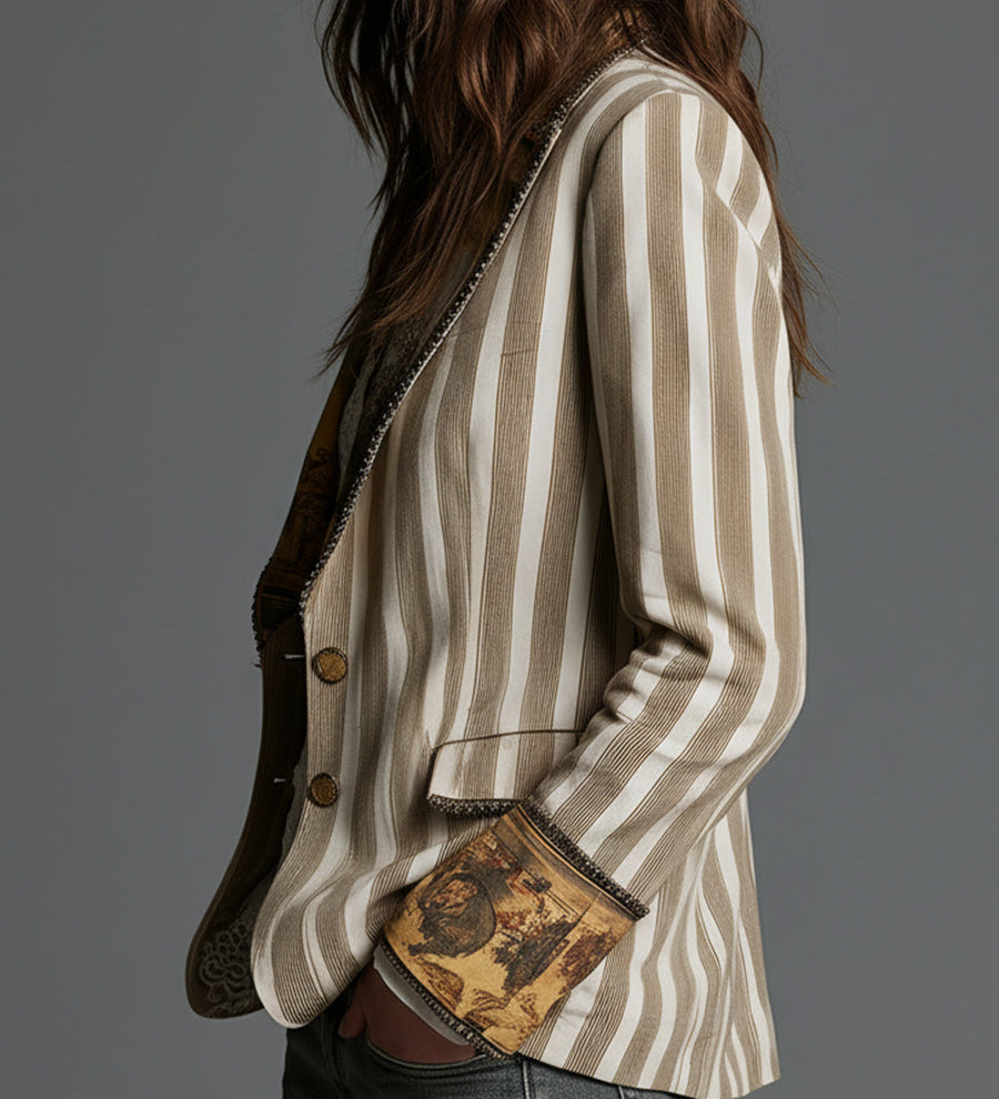 Blazer bohémien a righe con revers stampati