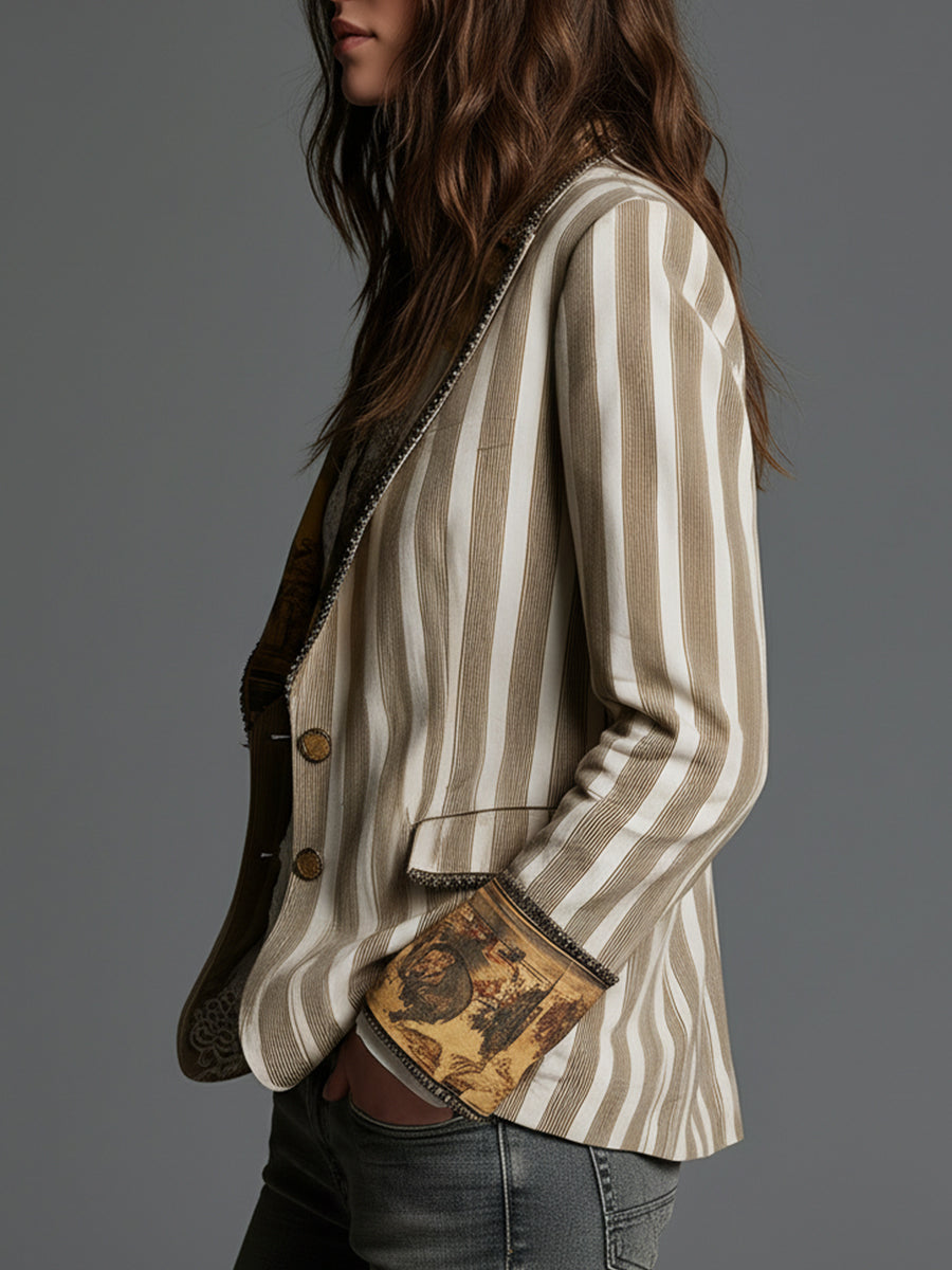 Blazer bohémien a righe con revers stampati