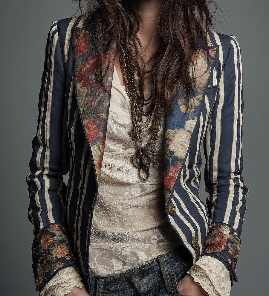 Blazer bohémien a righe e fiori