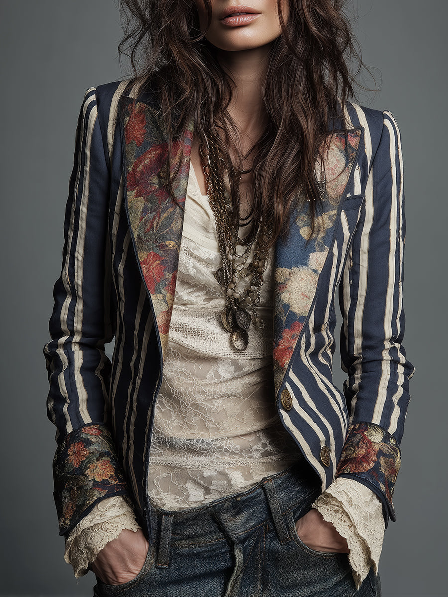 Blazer bohémien a righe e fiori