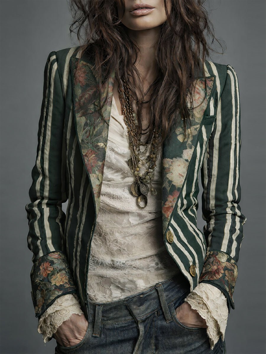 Blazer bohémien a righe e fiori