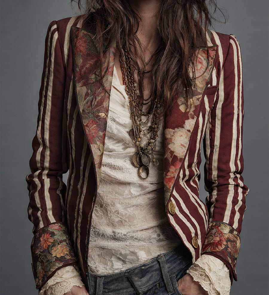 Blazer bohémien a righe e fiori