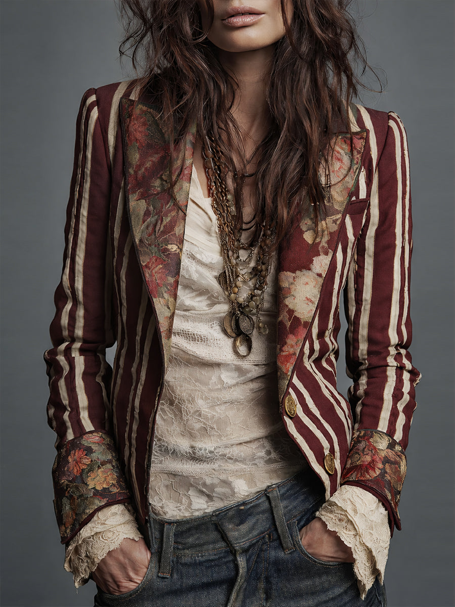 Blazer bohémien a righe e fiori