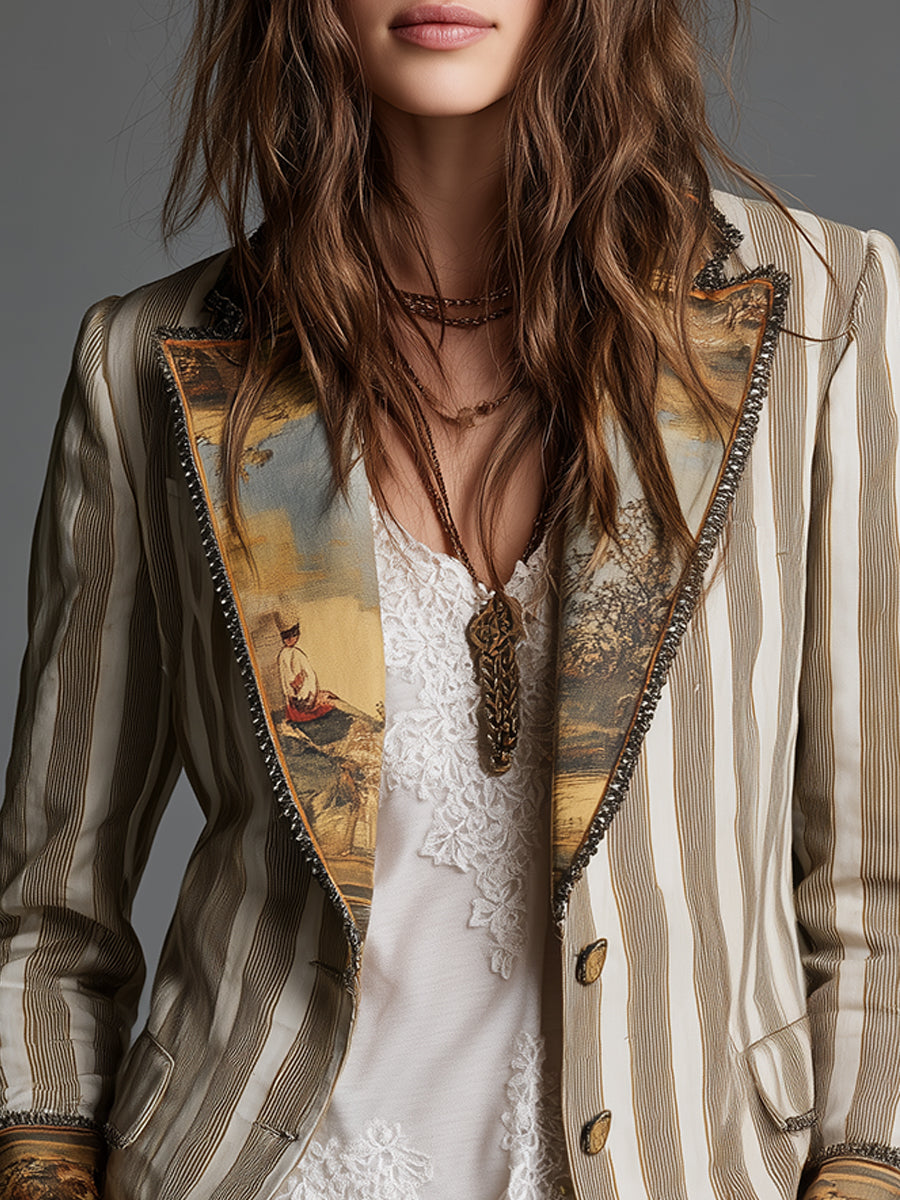 Blazer bohémien a righe con revers stampati