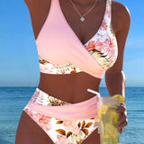 Bikini con stampa floreale a contrasto e spacco