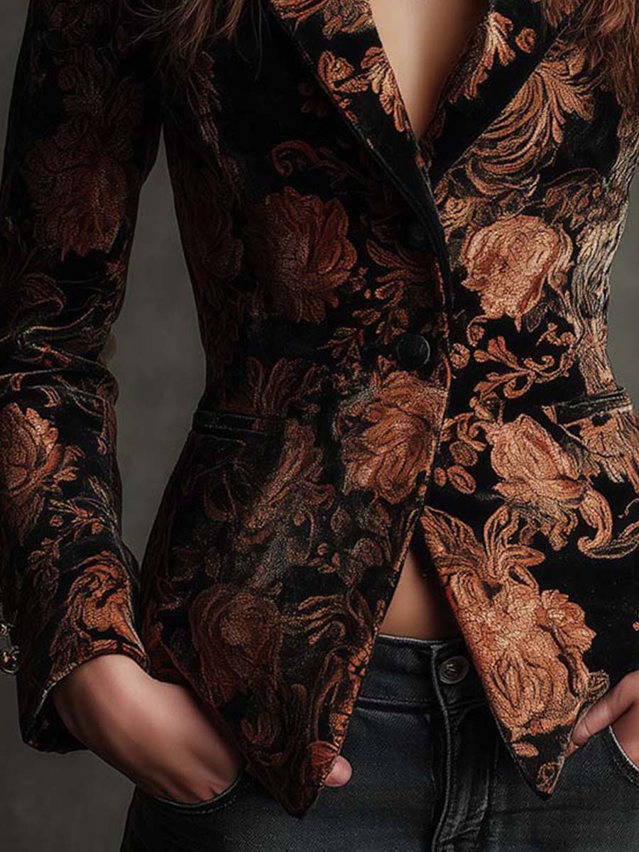 Blazer in velluto nero con fiori bronzo