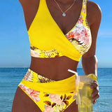 Bikini con stampa floreale a contrasto e spacco