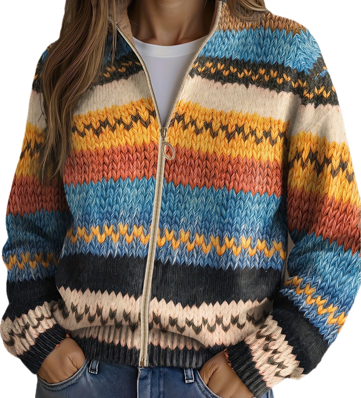 Cardigan con Zip e Righe a Zig Zag
