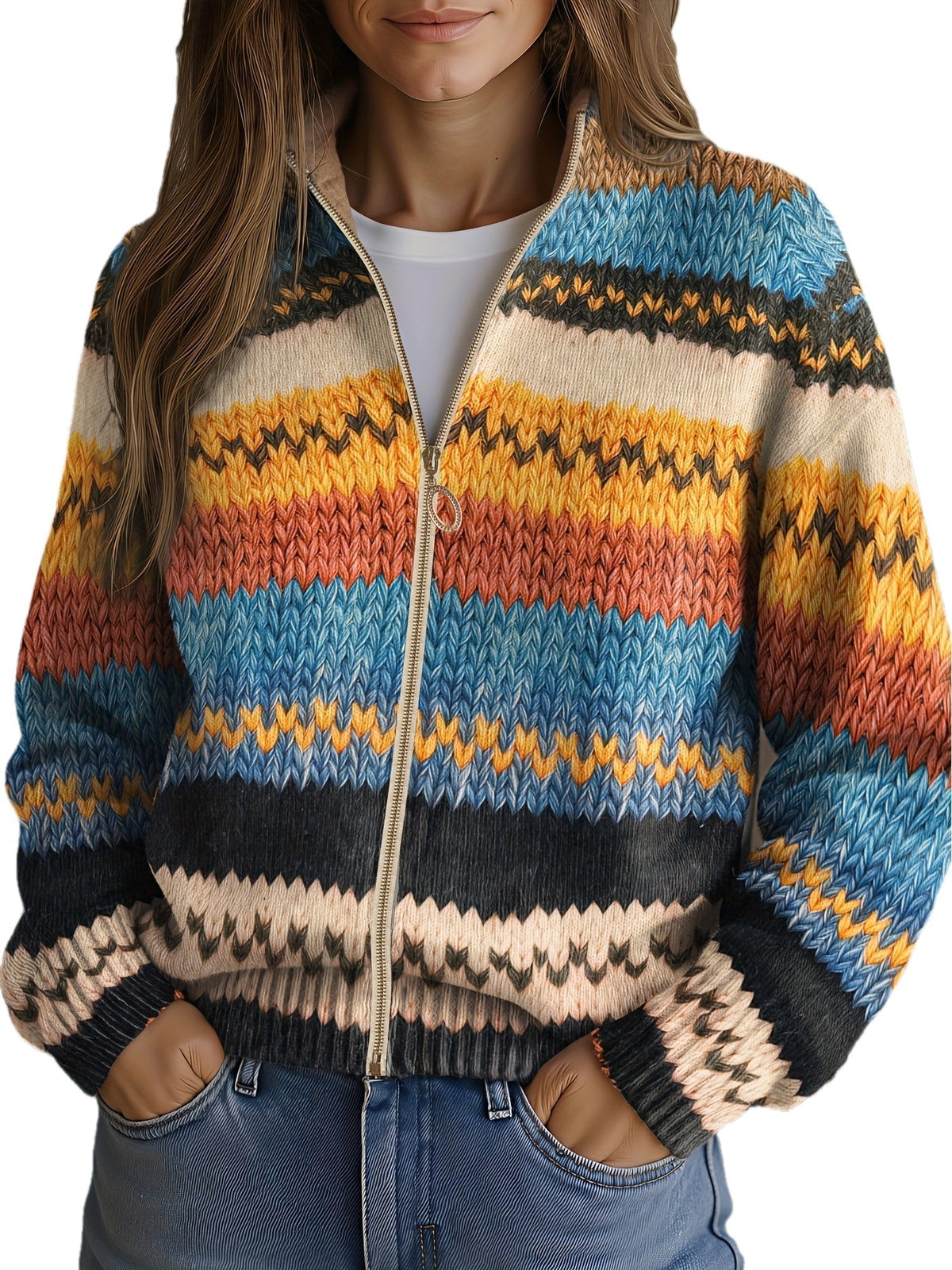 Cardigan con Zip e Righe a Zig Zag