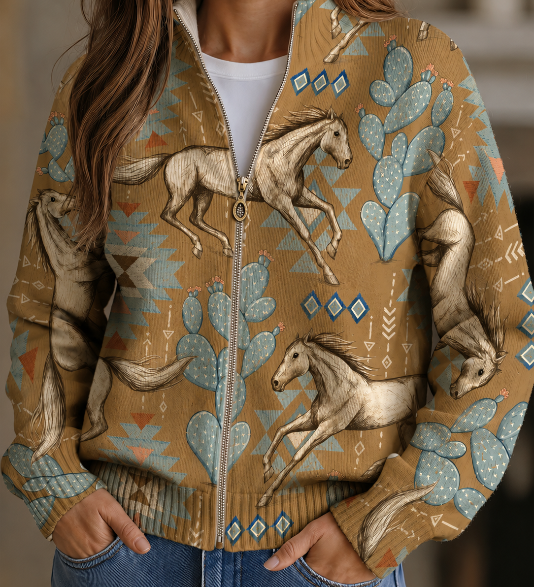 Cardigan con Zip e Motivi Western
