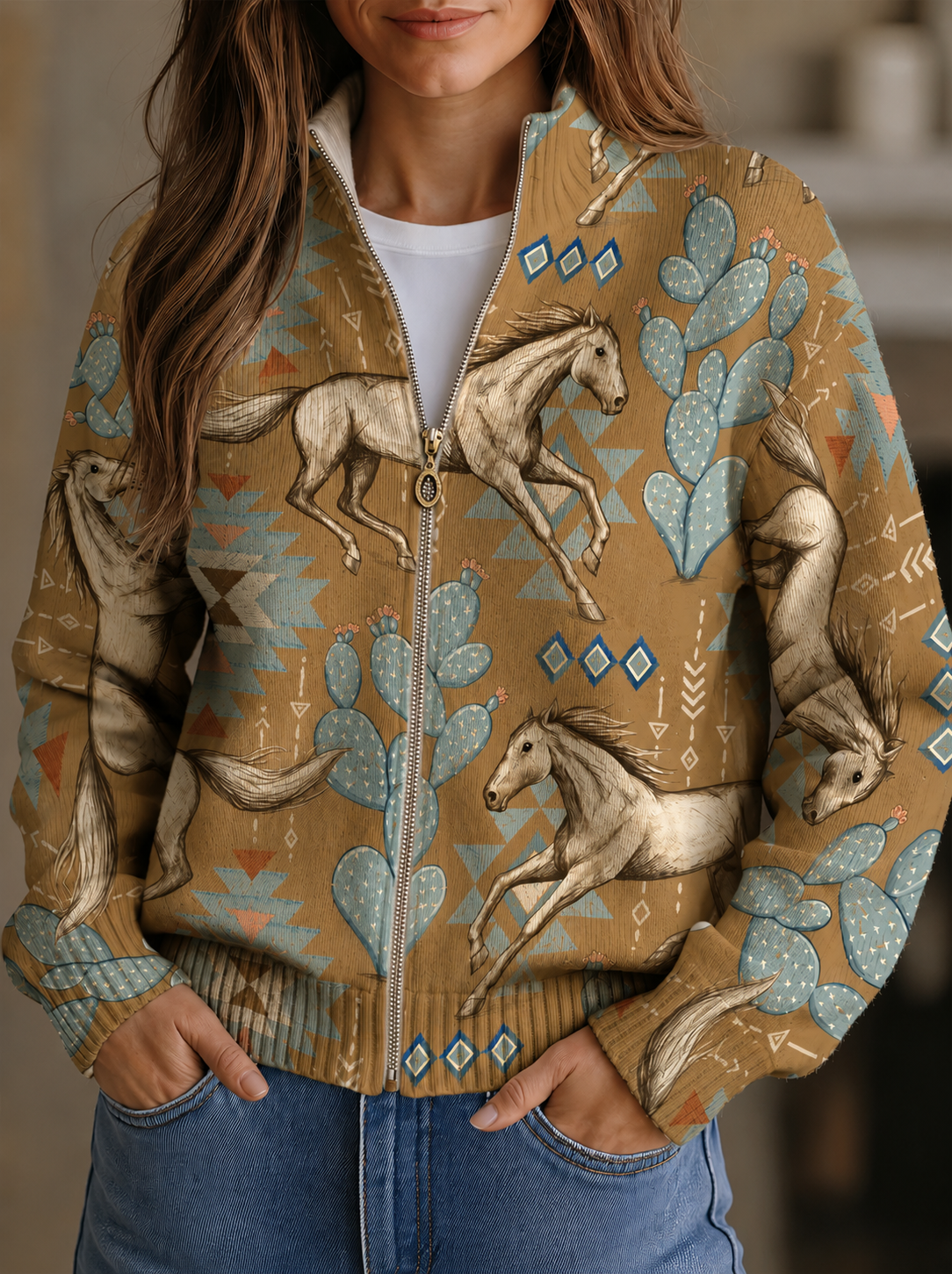 Cardigan con Zip e Motivi Western