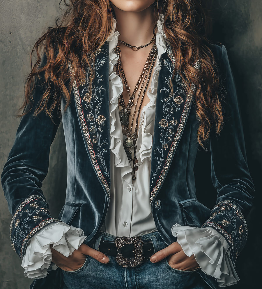 Blazer in velluto con polsini ricamati