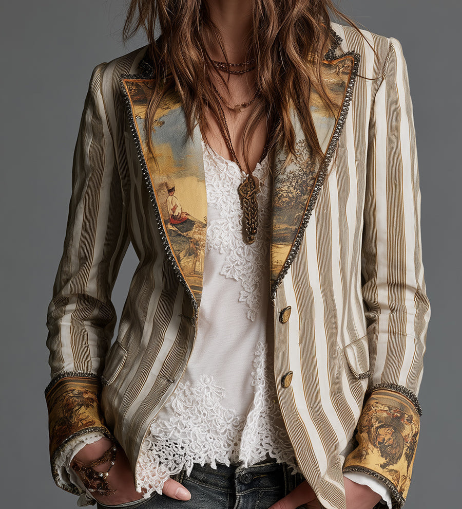 Blazer bohémien a righe con revers stampati