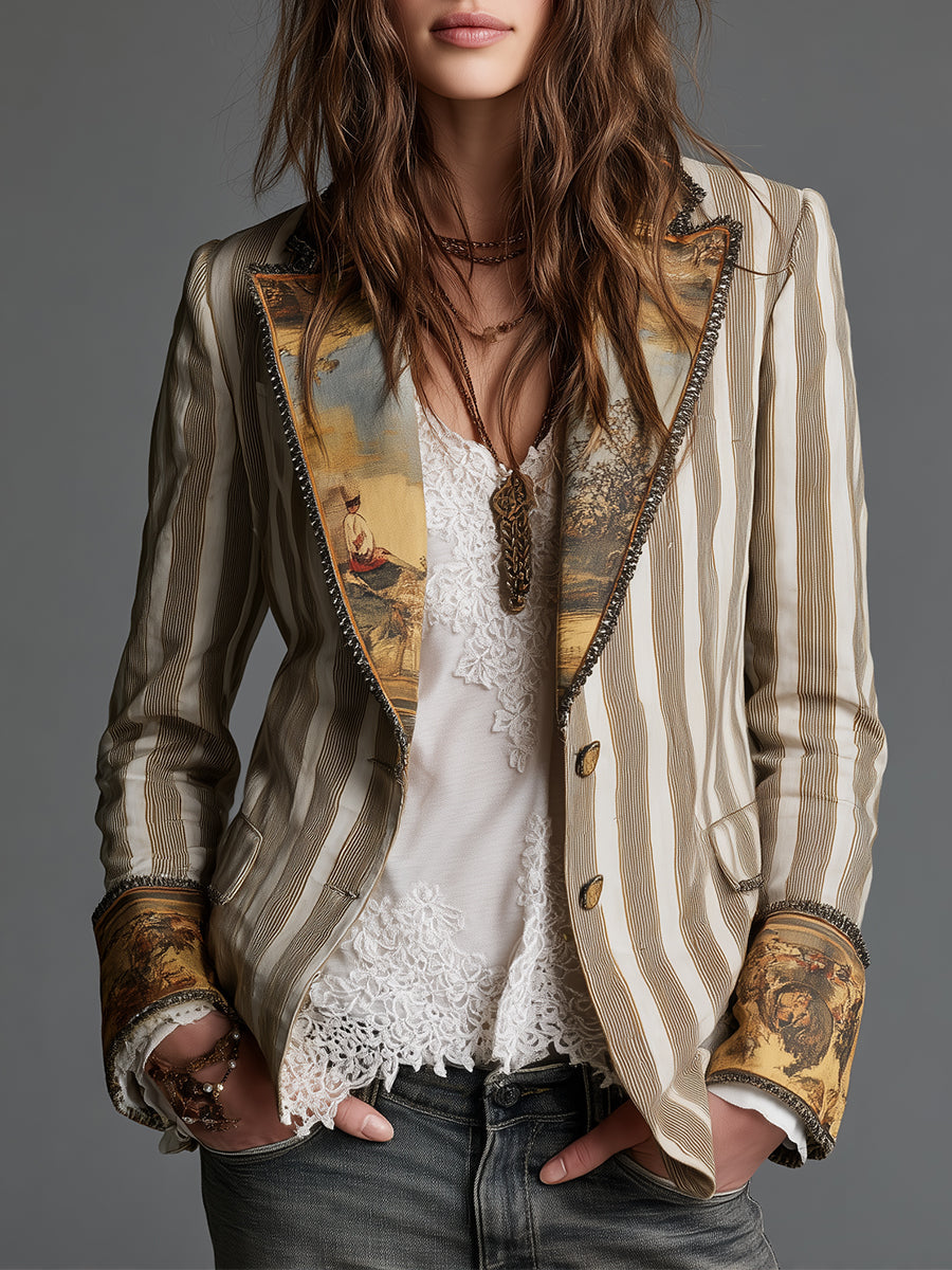 Blazer bohémien a righe con revers stampati