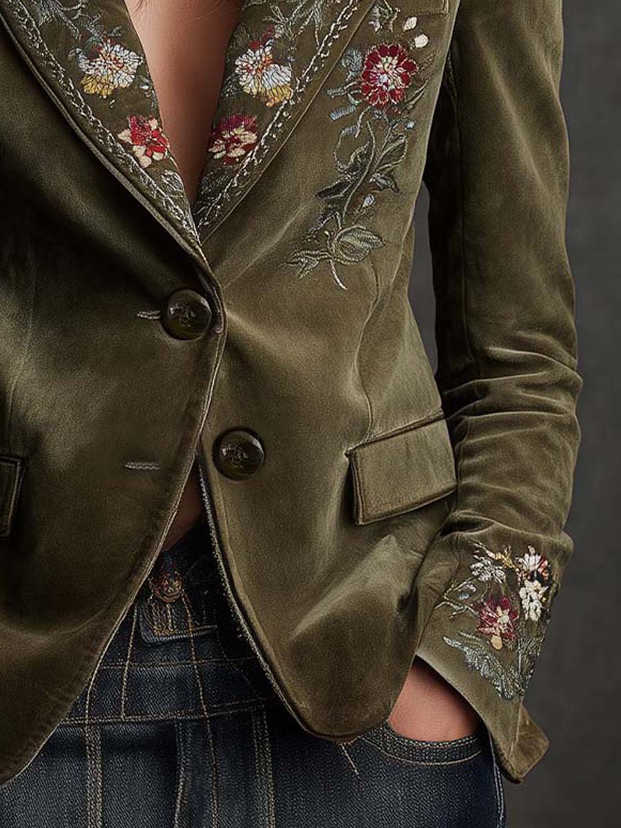 Blazer verde oliva in velluto ricamato