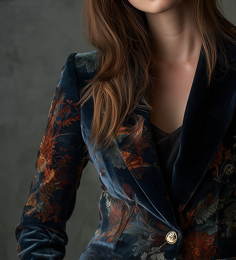 Blazer in velluto floreale con bottoni metallici