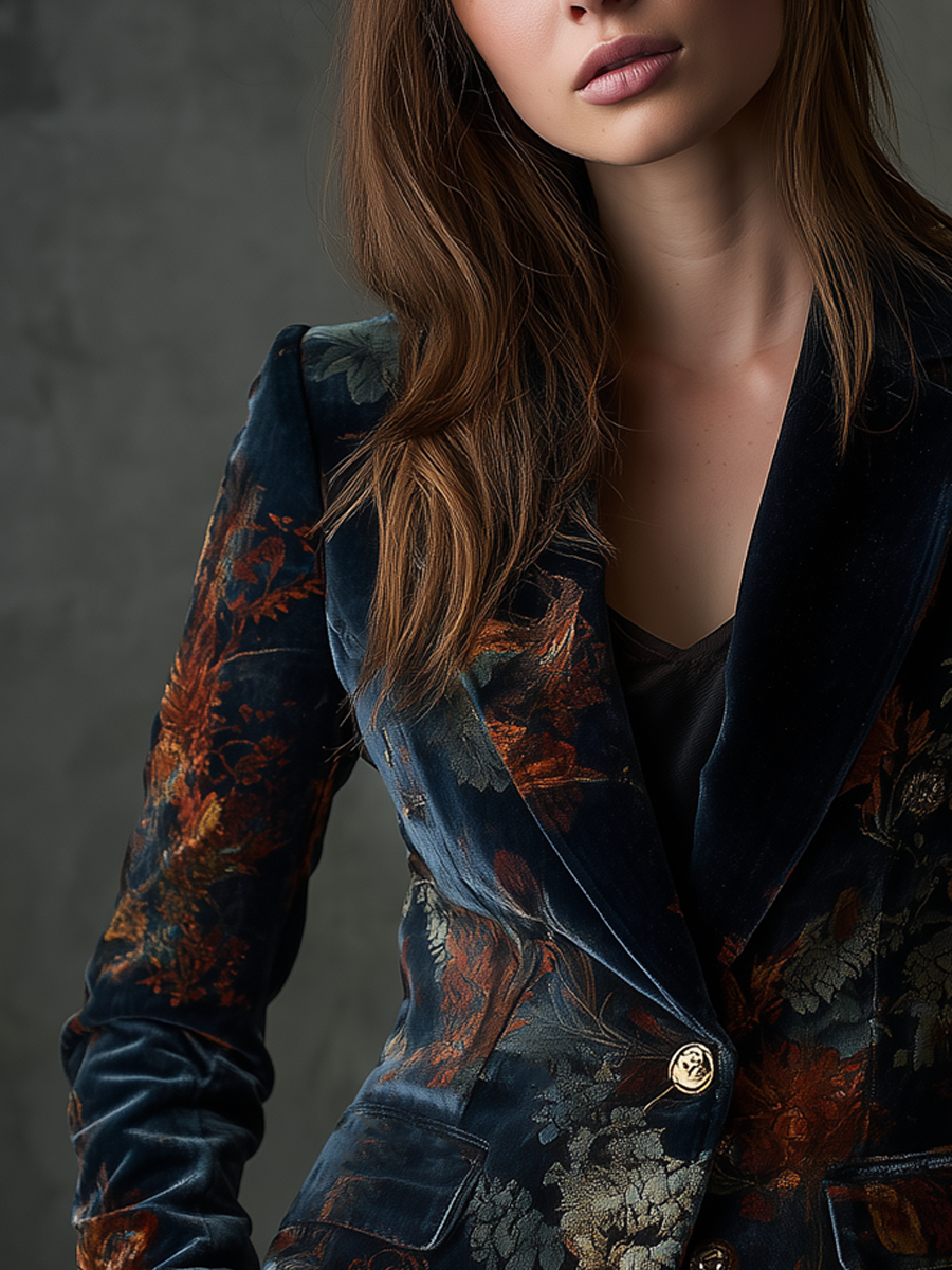 Blazer in velluto floreale con bottoni metallici