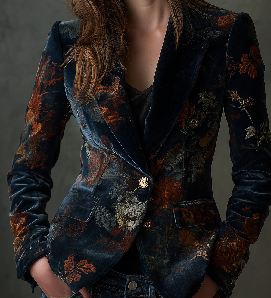 Blazer in velluto floreale con bottoni metallici